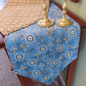 54" 90" Blue Easter Table Runner Reversible Confirmation First CommunionReligious Christian Cross  Baptism Christening Church Table Runner