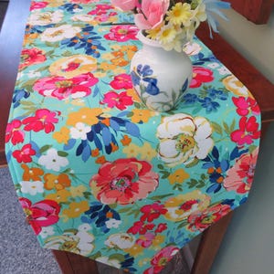 54&quot; 72&quot; Teal Summer Floral Table Runner Reversible Aqua Table Runner Turquoise Table Runner Summer Table Runner Small Teal Table Runner