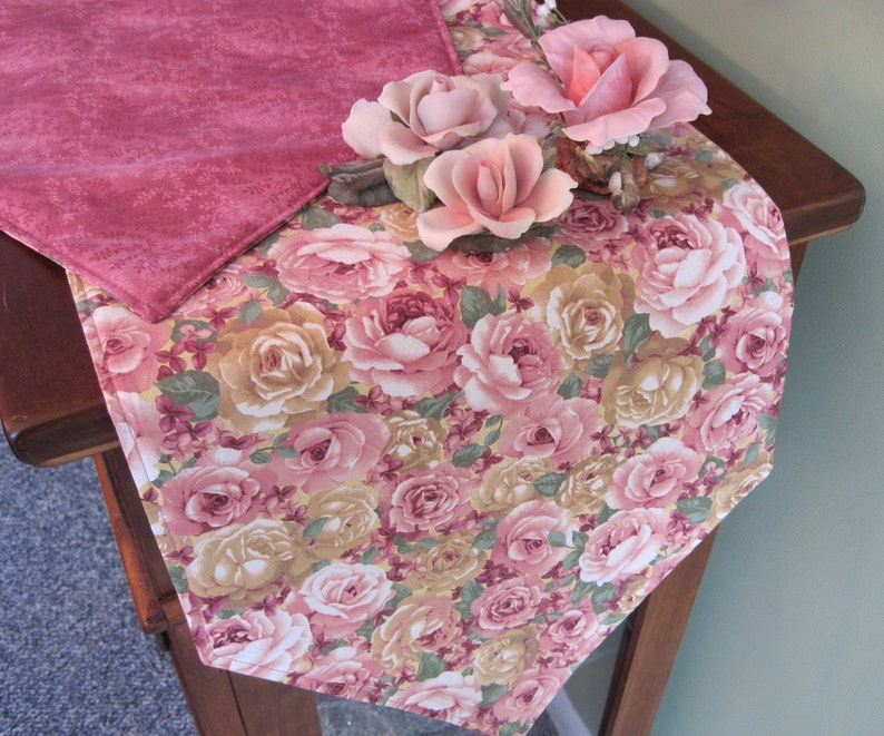 54 72 Pink Rose Table Runner Reversible Table Runner Mauve Cabbage Rose Table Runner Spring Shabby Chic Table Runner Pink Rose Table Decor