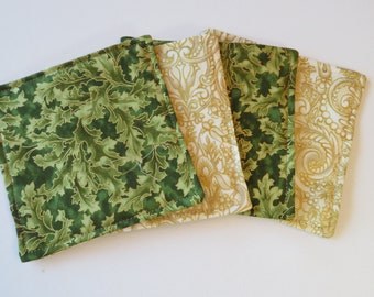 Green Gold Christmas Coasters set 4 or 6 Gold Green Mug Rugs Gold Christmas Coasters Elegant Gold Christmas Mug Rugs Teacher Gift