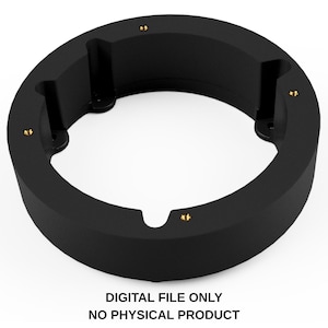 Puede incluir: Un objeto negro y circular con un perfil grueso y redondeado. Cuenta con cuatro recortes espaciados uniformemente y pequeños detalles dorados. El texto "DIGITAL FILE ONLY NO PHYSICAL PRODUCT" está en la parte inferior.