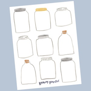 May include: A printable sheet with nine empty mason jar outlines. The jars are drawn in a watercolor style with different colored lids. The text "Brimming with Gratitude" is written at the bottom of the page.