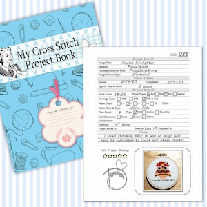 Puede incluir: Un libro de proyectos de punto de cruz titulado "My Cross Stitch Project Book" con una cubierta azul claro con ilustraciones con temática de costura. Incluye una hoja de detalles del proyecto con un punto de cruz terminado de un búho en un bastidor de 10 cm.