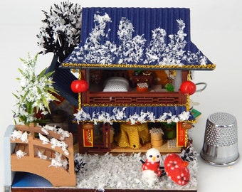 1/144 Scale Dollhouse Miniature Winter Scene Oriental Dollhouse Assembled with LED Lighting and Dust Case