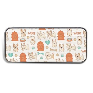 May include: A white background with a repeating pattern of brown and white dogs, orange fire hydrants, blue hearts, and bone-shaped dog toys. The text "WOOF" appears in the pattern.