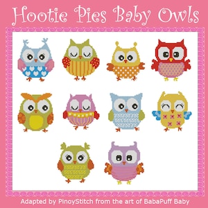 Hootie taarten Baby uilen mini Cross Stitch PDF grafiek