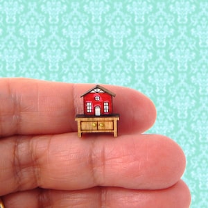 Micro Miniature Red Dollhouse on Table, 1/144 Scale, Dollhouse Accessory