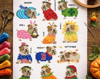 Bulldog Cross Stitch Pattern PDF | Year Round Calendar French Bulldogs Xstitch Chart | Mini Dogs Cute Small