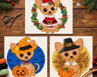 Holiday Chihuahua Cross Stitch Pattern | Christmas, Halloween, Thanksgiving Dog Sampler (PDF Download)