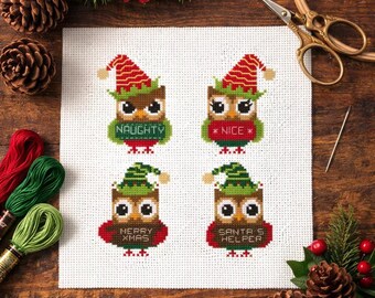 Christmas Elves Cross Stitch Pattern PDF | Hooties Owl Holiday Sampler | Easy Mini Naughty or Nice Xstitch