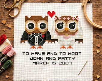 Customizable Wedding Owl Cross Stitch Pattern PDF, Personalized Bride Groom Sampler Chart