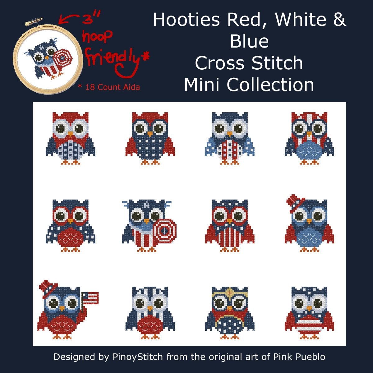 Hooties Red White and Blue Owls  Mini Collection Cross Stitch PDF Chart
