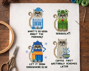 Grumpy Cat Cross Stitch Pattern PDF | Angry Cat Mini Xstitch Chart | Funny Modern Animal Embroidery