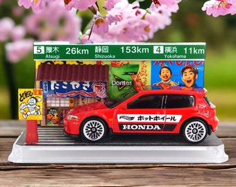 1/64 Diecast Car Diorama Japanese Honda Civic Mini Diorama Japan Street in Acrylic Case Gift for Car Lovers Gift for Dad Gift for Bestfriend