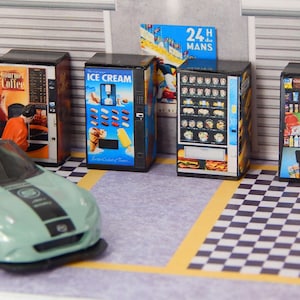 May include: Miniature vending machines and a light green sports car are featured in this image. The vending machines offer coffee, ice cream, snacks, and drinks. The scene is set in a garage-like environment with a checkered floor and yellow painted lines.