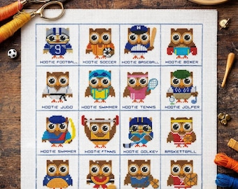 Sports Owl Cross Stitch Pattern, Mini Hooties Sporties Collection (PDF Download)