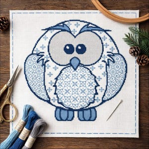 Owl Cross Stitch Pattern PDF, Patchwork Blue Owl Xstitch Chart, Easy Modern Sampler