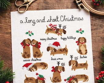 Dachshund Cross Stitch Pattern PDF, Christmas Dog Cross Stitch, Doxie Wiener Dog Sampler, Holiday Mini Xstitch Chart Instant Download