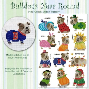Bulldog gedurende het hele jaar collectie Cross Stitch PDF grafiek