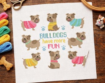 Bulldog Cross Stitch Pattern PDF | Holiday Spring Dog Sampler Chart | Cute Miniature Hoop Needlework