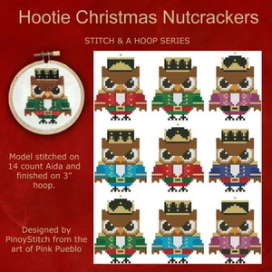 May include: Nine cross-stitch patterns of owl nutcrackers in various colors, including red, green, blue, and purple. The patterns are designed for a 3-inch hoop and 14-count Aida fabric. The text "Hootie Christmas Nutcrackers" and "Stitch & A Hoop Series" is at the top of the image.