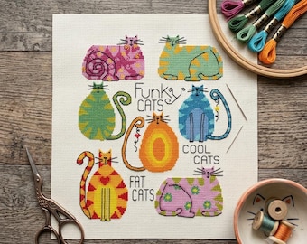 Funky Fat Cats Cross Stitch Pattern, Colorful Kitten Chart (PDF Download)
