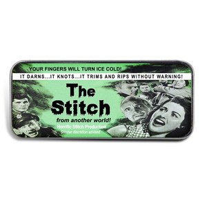 May include: A silver metal pin with a green background and a black and white image of a monster with the text "The Stitch from another world! Horrific Stitch Production Stitcher discretion advised."