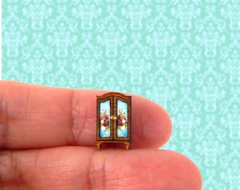 1/144 Scale Dollhouse Miniature BLUE Floral Armoire Faux Painted Doors Tiny Dollhouse Furniture