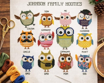 Customizable Family Owl Cross Stitch Pattern PDF, Personalized Owl Portrait Sampler Chart