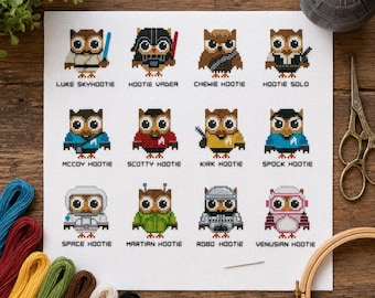 Hooties Owls in Space Cross Stitch Pattern, Sci-Fi Galaxy Sampler (PDF Download)