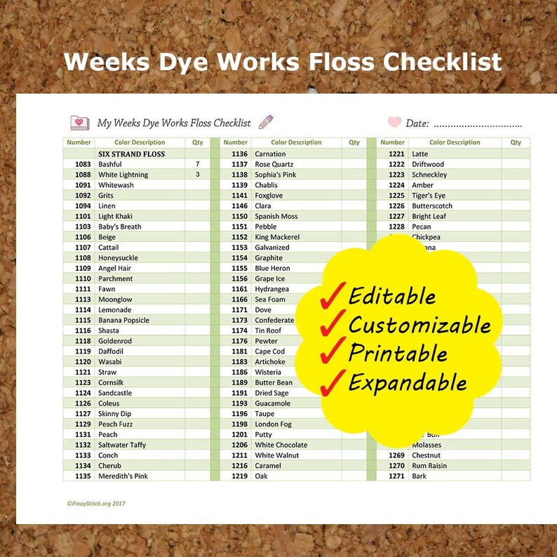 Editable Weeks Dye Works Embroidery Floss Checklist Colors Etsy