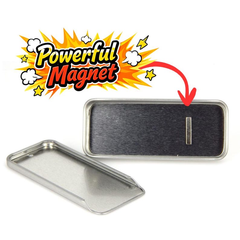 May include: Two rectangular silver-toned metal name badge holders with rounded corners. One holder is empty, while the other features a dark, brushed-finish interior with a small, centered rectangular magnet. A graphic above reads Powerful Magnet.