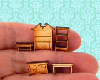 May include: Miniature wooden furniture set including a cabinet, bookshelf, dresser, bench, and table. The furniture is unfinished, with a natural wood color and dark brown accents. Perfect for dollhouses or craft projects.