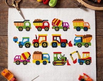 Trucks Cross Stitch Pattern PDF | Mini Earth Movers Construction Vehicles Xstitch Chart | Easy Beginner Colorful Sampler Design