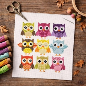 May include: A white Aida fabric square featuring a cross-stitch pattern of nine colorful owls arranged in a grid. The owls are depicted in various patterns and colors including lime green, magenta, purple, brown, yellow, blue, orange, and pink.