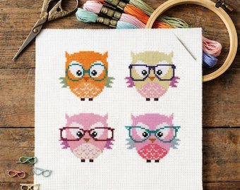 Geek Chic Owl Cross Stitch Pattern PDF | Hooties Cute Nerd Sampler | Easy Mini Cross Stitch Chart for 4 Inch Hoop