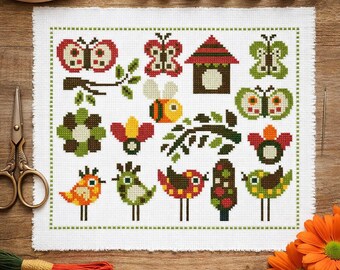 Retro Birds Cross Stitch Pattern PDF | Cute Tweets Mini Sampler Chart | Easy Modern Xstitch