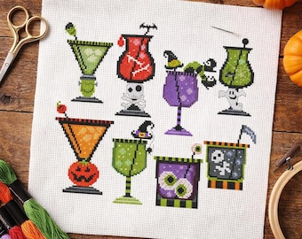 Halloween Cross Stitch Pattern PDF, Creepy Cocktails Mini Cross Stitch Chart, Small Halloween Xstitch, Digital Download, Holiday Sampler
