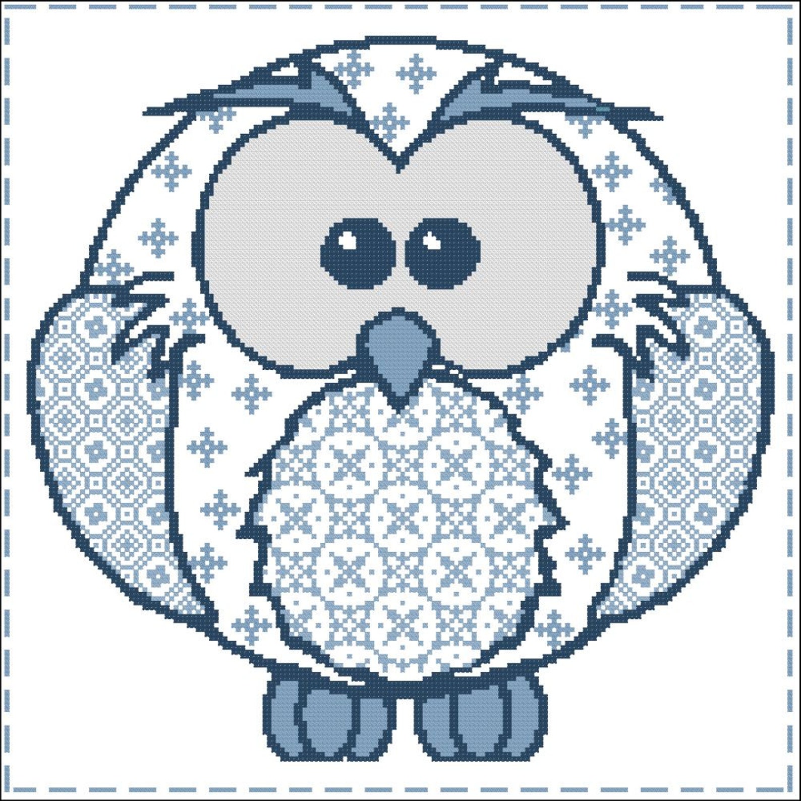 Owl Patchwork Soft Blues Cross Stitch PDF Chart image 1.