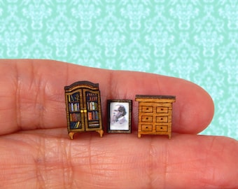 1/144 Scale Dollhouse Miniature Charles Dickens Library  Study Furniture Set of 3 So Tiny!!