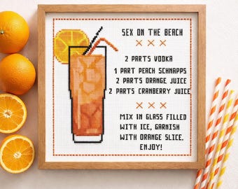 Classic Beach Cocktail Recipe Cross Stitch Pattern, Mini Drink Sampler PDF, Bar Cart Sign, Modern Kitchen Embroidery Chart