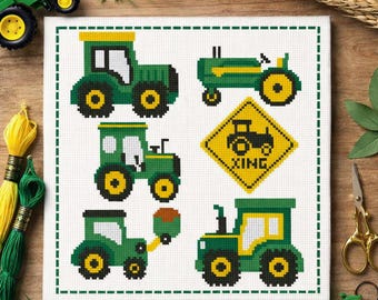 Green Tractors Mini Cross Stitch Pattern Collection (PDF Download)