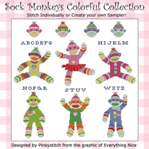 Sock Monkeys Colorful Cross Stitch PDF Chart