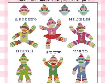 Sock Monkeys bunte Cross Stitch PDF Diagramm