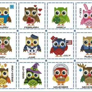 Hooties het hele jaar door Minis #1 collectie Cross Stitch PDF-grafiek