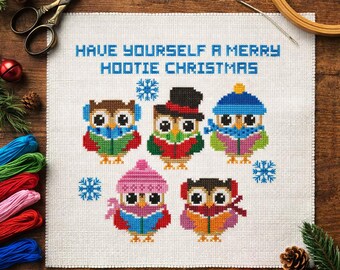 Hootie Christmas Carol Cross Stitch PDF | Modern Owl Sampler Chart | Easy Mini Xstitch Pattern | Cute Winter Needlework Download