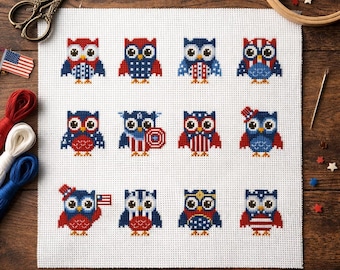 Patriotic Owls Cross Stitch Pattern PDF, Red White Blue Mini Xstitch Chart (Digital Download)
