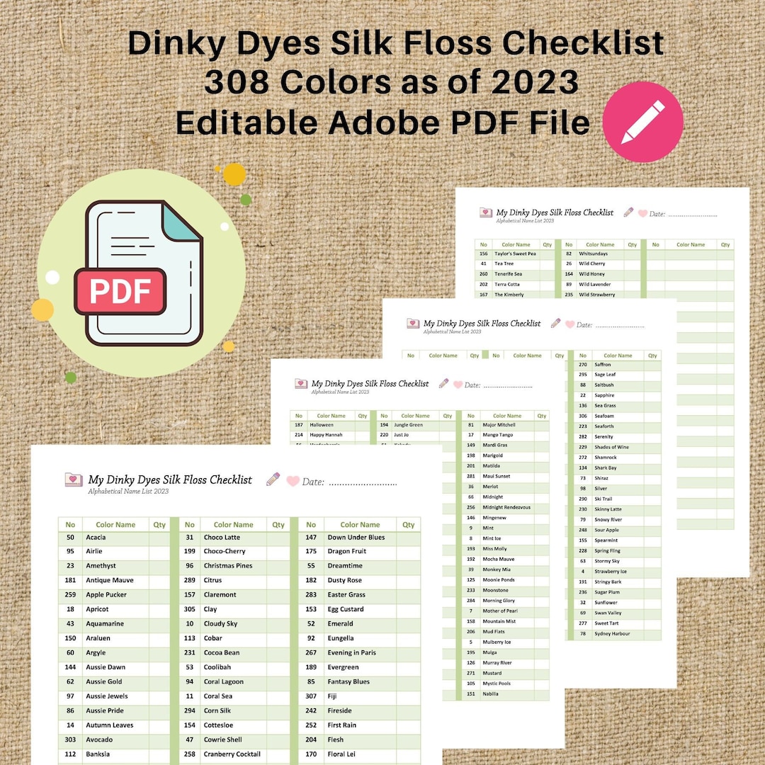 Editable Dinky Dyes Silk Embroidery Floss Checklist 2023