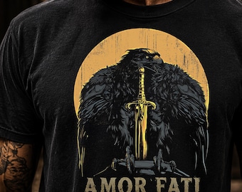 Amor Fati Raven T-Shirt | Stoic Philosophy Tee | Memento Mori Inspired Raven & Sword Shirt | Corvus Grey
