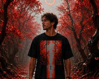 Dreamscape T-Shirt | Surreal Red Forest Graphic Tee | Dark Fantasy Art Shirt | Japanese Inspired Landscape | Corvus Grey